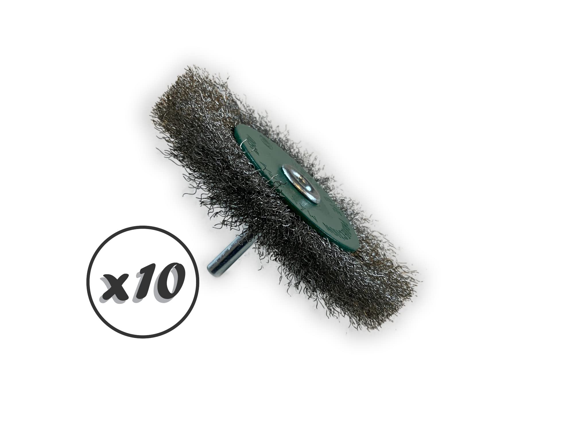 Zestaw 10 metalowych okrągłych szczotek obrotowych na pręcie Ø 100 mm | Drut ze stali nierdzewnej Ø 0,20 mm | Grubość 12 mm | 2 rzędy | Do wiertarki lub wkrętarki z uchwytem | Kibros 26100IV12x10