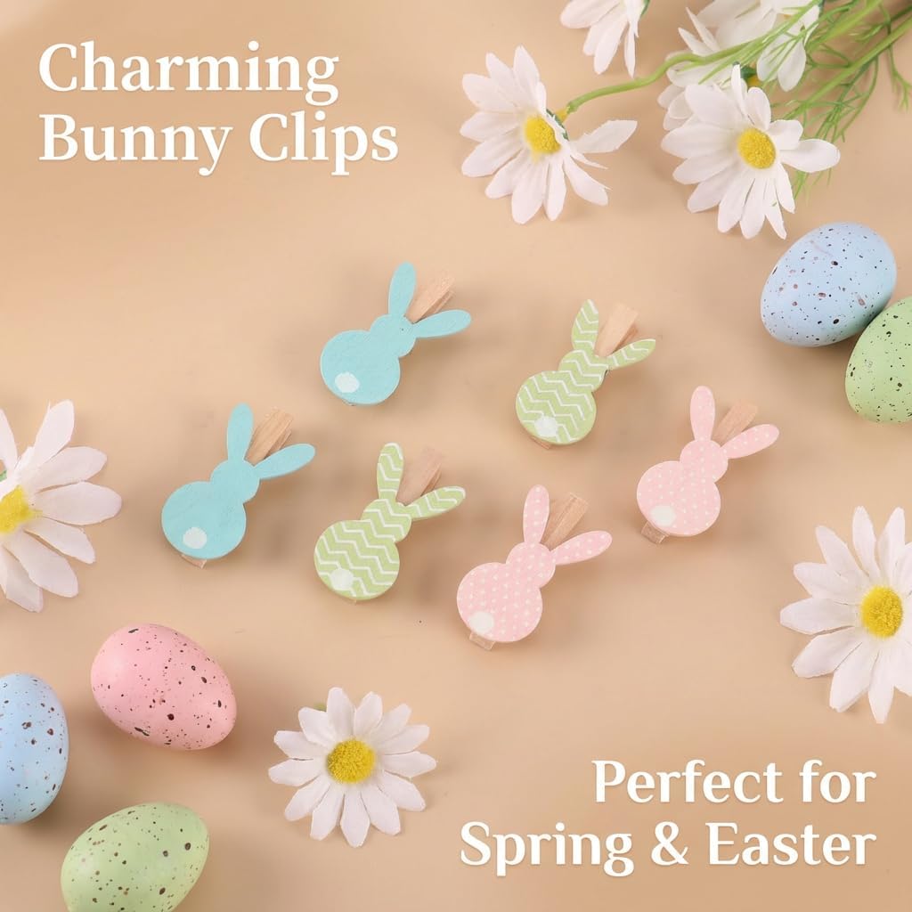 18 Pack Bunny Wooden Clothespins, Mini Clips Photo Clips for Baby Shower, Garden Bunny Party, Gift Wrapping and Crafts