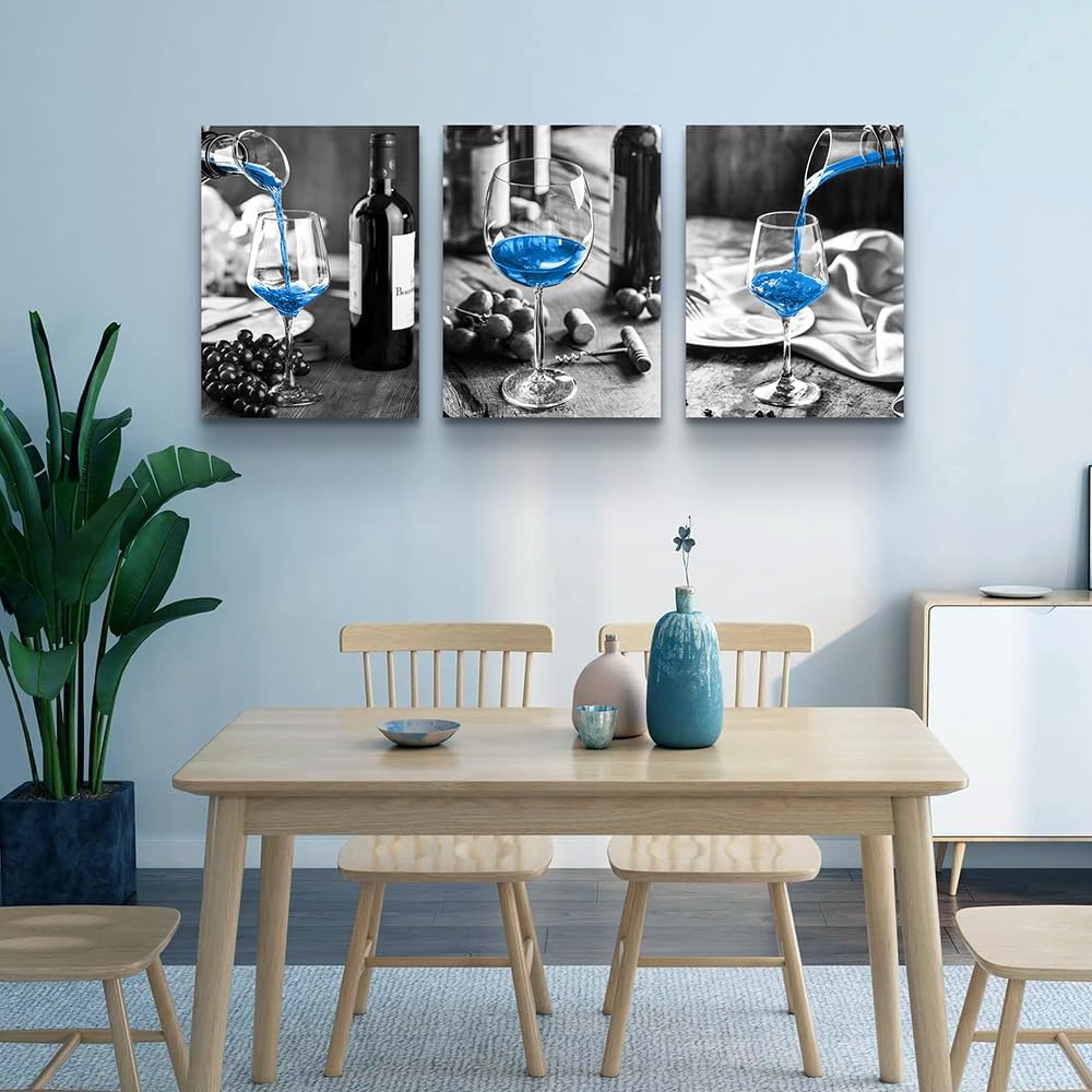 Lapremoly Blue Wine Wall Art Prints - 3 Pieces Canvas Art for Kitchen, Dining Room, Bar, Restaurant - Modern Inspiration Wall Decor with Black and White Wine Glasses Theme