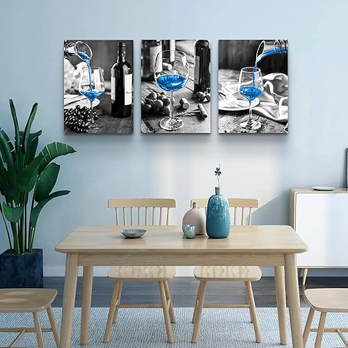 Miniatura 4 de Lapremoly Lienzo decorativo para pared, decoración moderna de cocina y comedor, copas de vino blanco y negro, cuadros de pared de vino azul, 3 piezas