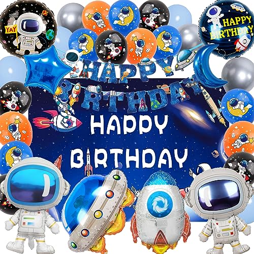 SWOKKTS Balões de aniversário espaço astronauta, bandeiras e fundos decoração de aniversário menina criança, festa aniversário espaço planeta foguete, decoração de aniversário infantil astronauta