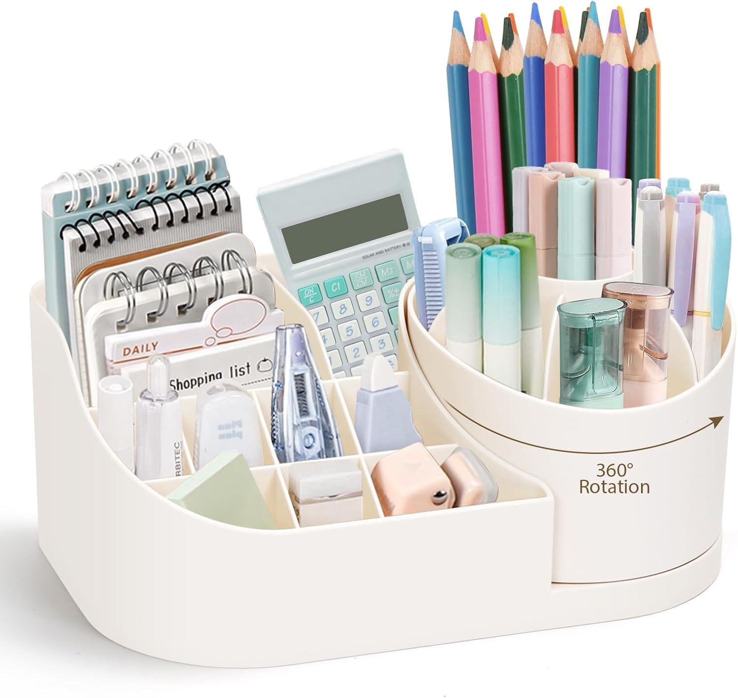 360 Degree Rotating Desk Organizer Makeup Brush Organizers and Pencil Pen Organizers for Desk Desktop Storage Stationery Supplies Cute Pencil Cup Pot for Office School Home (WHITE)