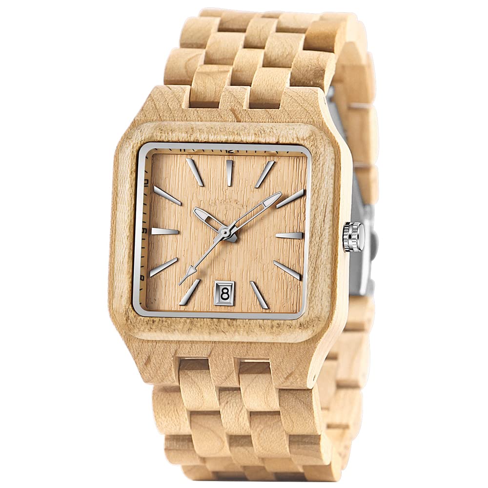 Tiong Orologio da uomo in legno di bambù Invertito Geometrico Orologio analogico al quarzo per uomini Orologi in legno fatti a mano, Wq1008-marrone chiaro, Retrò