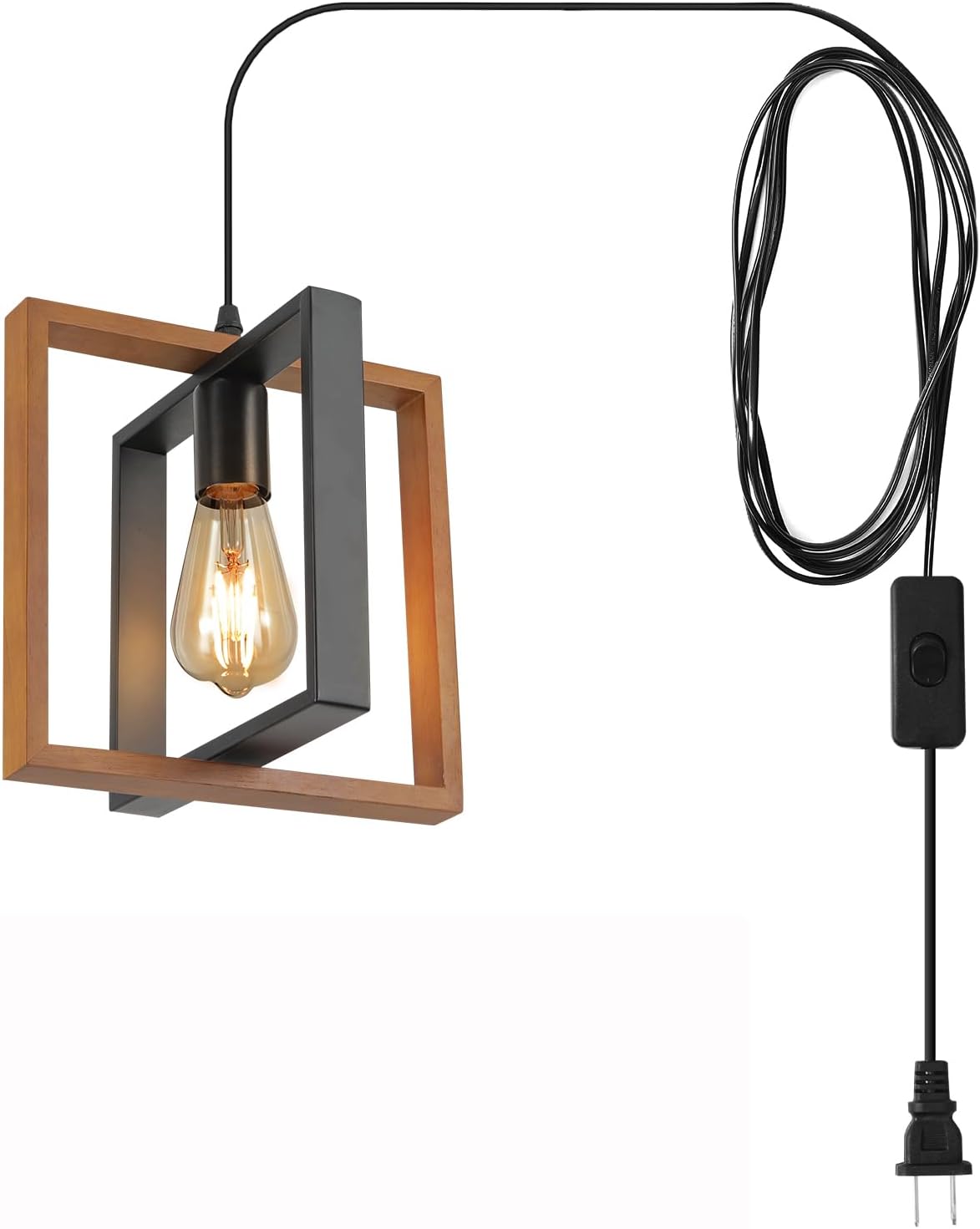 HOREVO Plug in Pendant Light with 16.4ft Cord, Farmhouse Hanging Light Fixture with On/Off Switch, Modern Industrial Wood & Metal Cage Swag Lamp, No Wiring Needed for Kitchen Island Bedroom Entryway