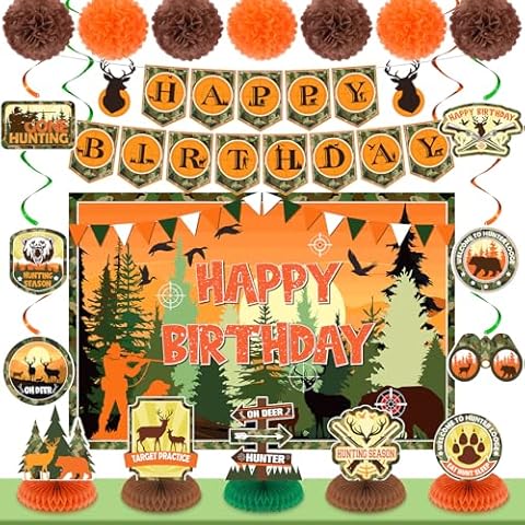 Hunting Birthday Party Decorations Camo Deer Birthday Banner Hunting Birthday Banner Honeycomb Centerpiece Swirls Paper Pompoms for Gone Hunting Camping Birthday Baby Shower Party Supplies Cover