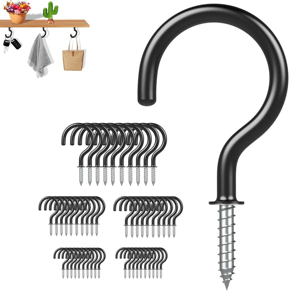 OUYULAI 50 Pcs Cup Hooks Screw - Metal Ceiling Hooks with PVC Plastic Vinyl Coating Black Screw in Hooks for Hanging Plants, Cups, Lights, Kitchen Utensils, 3 Sizes(1-1/4'',1'',2'')