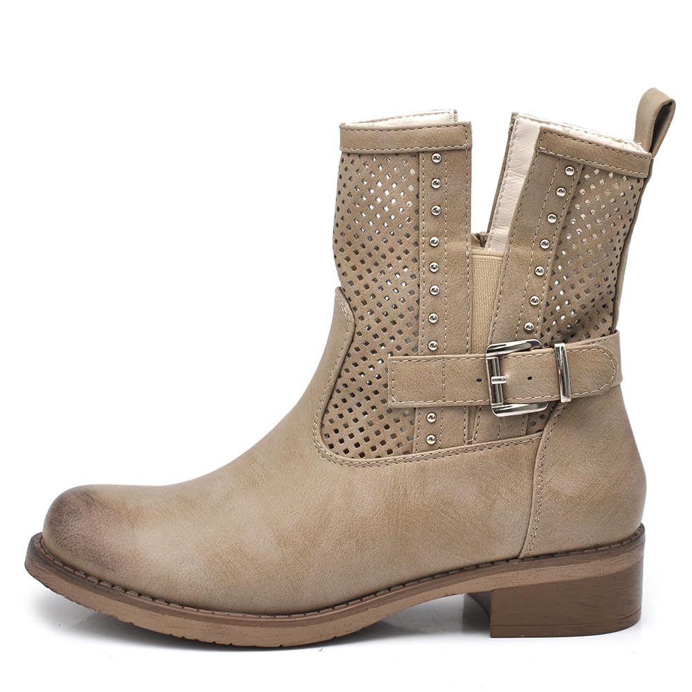 IF Botas de motorista para mujer, perforadas con hebillas para primavera, verano, piel sintética, efecto vaquero, GR-6656