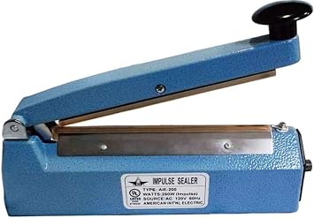 AIE AIE-200 Impulse Handheld Bag Sealer, 8" Max. Seal Length, 2 mm Seal Width, 350 Watts, Exceptional air and watertight seals on most plastic materials up to 6 mil, Food and non-food applications