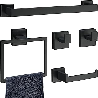 HAWKROWN 5-Piece Matte Black Bathroom Accessories Set, SUS304 Stainless Steel Wall Mounted 16 Inch Hand Towel Bar, Toilet ...
