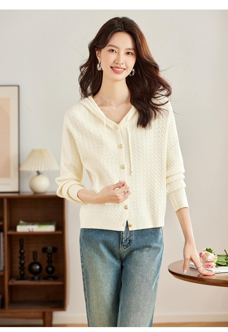 Chaqueta De Punto Mujer, Sudadera con Capucha De Punto para Mujer, Color Beige, Mangas Largas, Capucha con Cordón, Rayas Huecas, Sudaderas, Abrigos De Punto Ajustados, Informales Y Elegan
