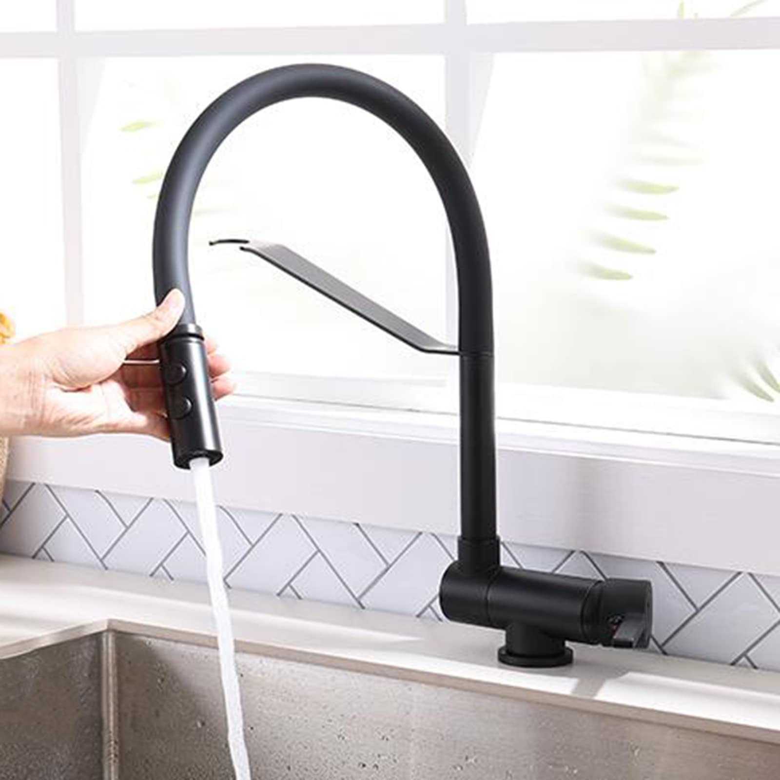 Grifo Cocina Abatible para Ventana, Grifo de Cocina Latón Agua Fría y Caliente Modo Ducha Multifunción, Grifos Cocina para Ventana-Negro