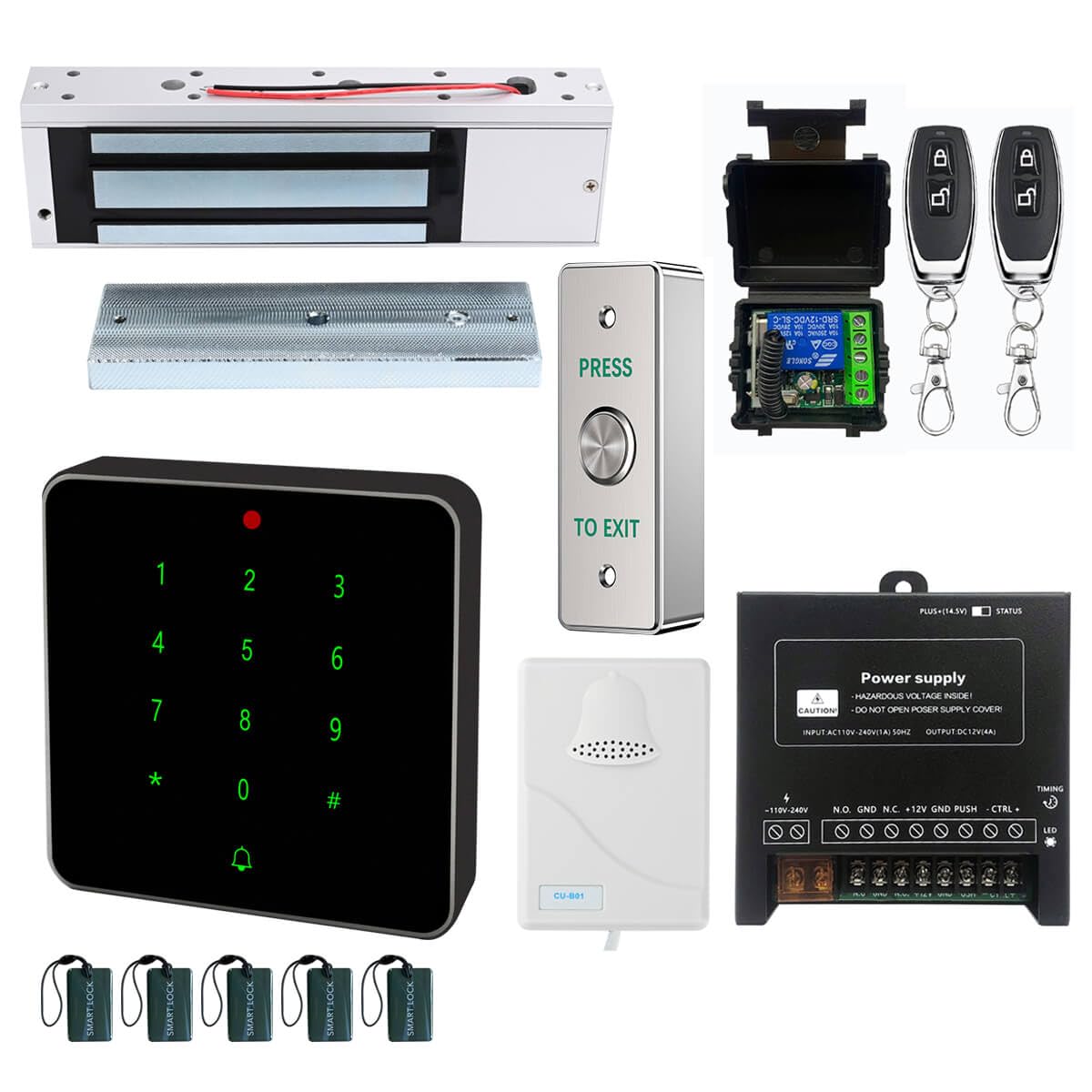 Electric Magnetic Lock Kit 1200lb Electromagnetic Lock Waterproof RFID Keypad with Press to Exit Button Doorbell Chime and Remote Control for Door