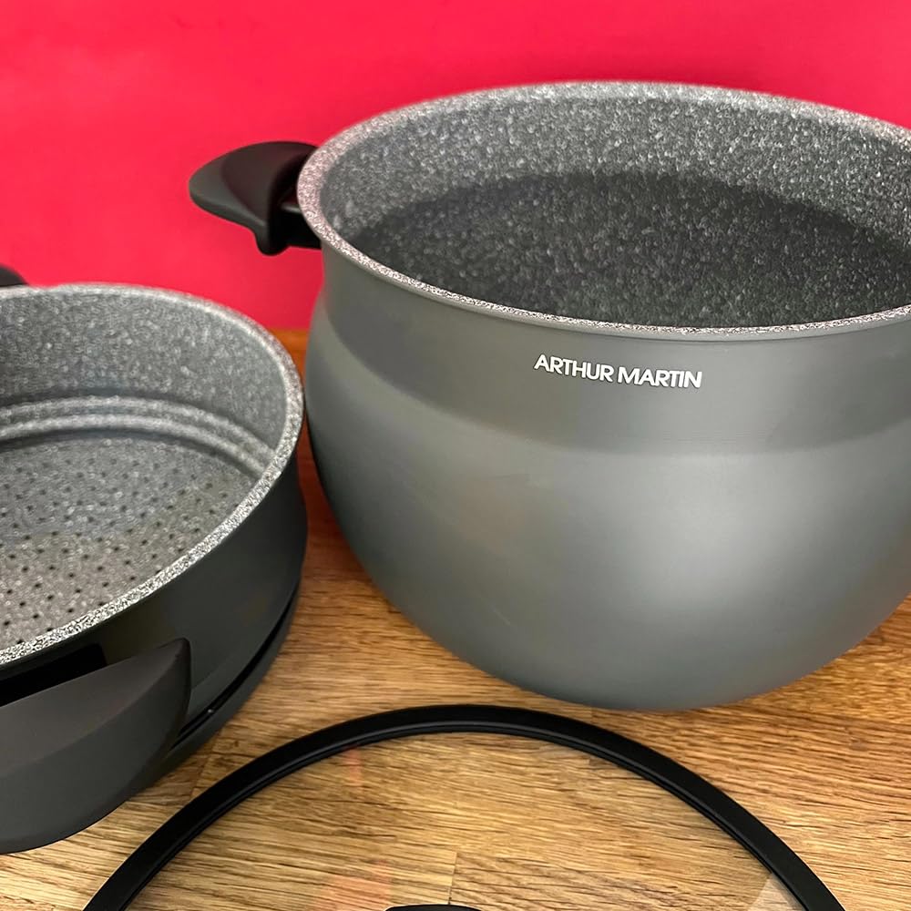 AM2215 : Couscoussier Arthur Martin en Aluminium 10L Revêtement Anti Adhérent - 26cm - Tous Feux dont Induction avec Bouchon Évaporateur - Couleur Gris Mat