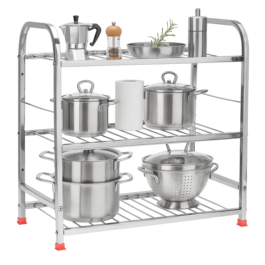 3-Tier Stainless Steel Foldable Storage Rack Bartan Stand with Pipe Frame | Heavy Duty, Rustproof & Space-Saving Organizer for Kitchen, Home & Office | Easy Assembly (Silver)