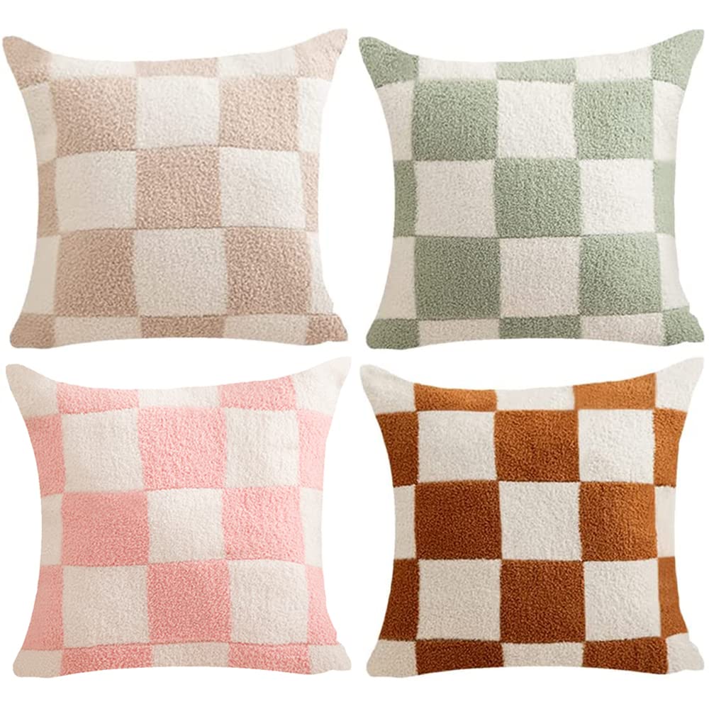 NIDITW Kissenbezüge mit beidseitigem Schachbrettmuster, ultraweich, Mikrofaser, verdeckter Reißverschluss, für Sofa, Couch, Bett, Dekoration, 4 Stück, gemischte Farben, ca. 45 x 45 cm