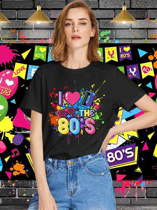 Womens 80s Shirts: 80s' Neon Music Party Tees I Love The 1980s Graphic Letter Blouse T-Shirts Tops - Image 3