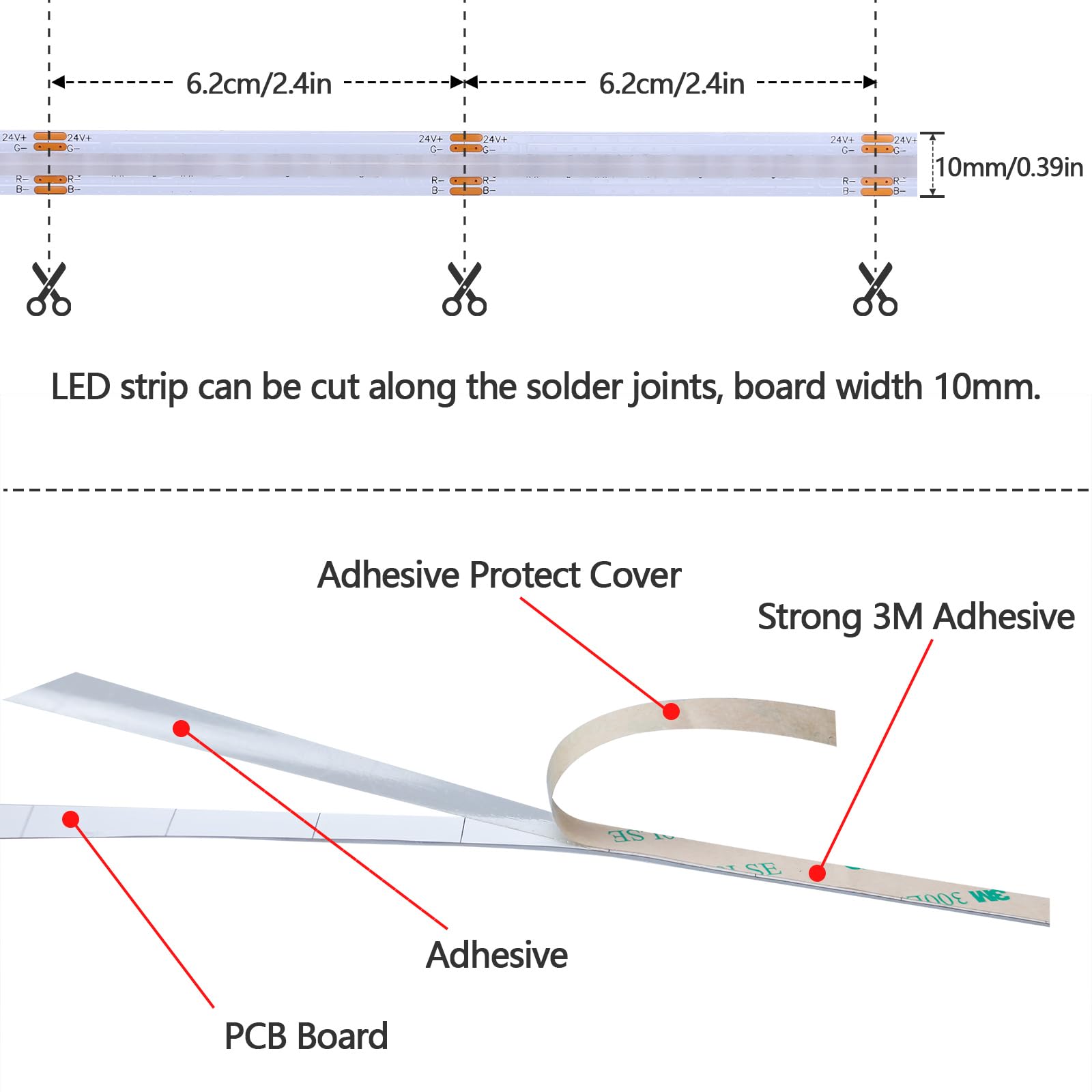 GOMING Rutyna Taśma LED COB RGB 24V 10M 576LED/M 14W/M Wysoka Jasność Jednolite Światło IP20 Nie Wodoodporny Elastyczny Pasek LED dla DIY Dekoracja Domu(Zasilacz i Kontroler nie są Dołączone)