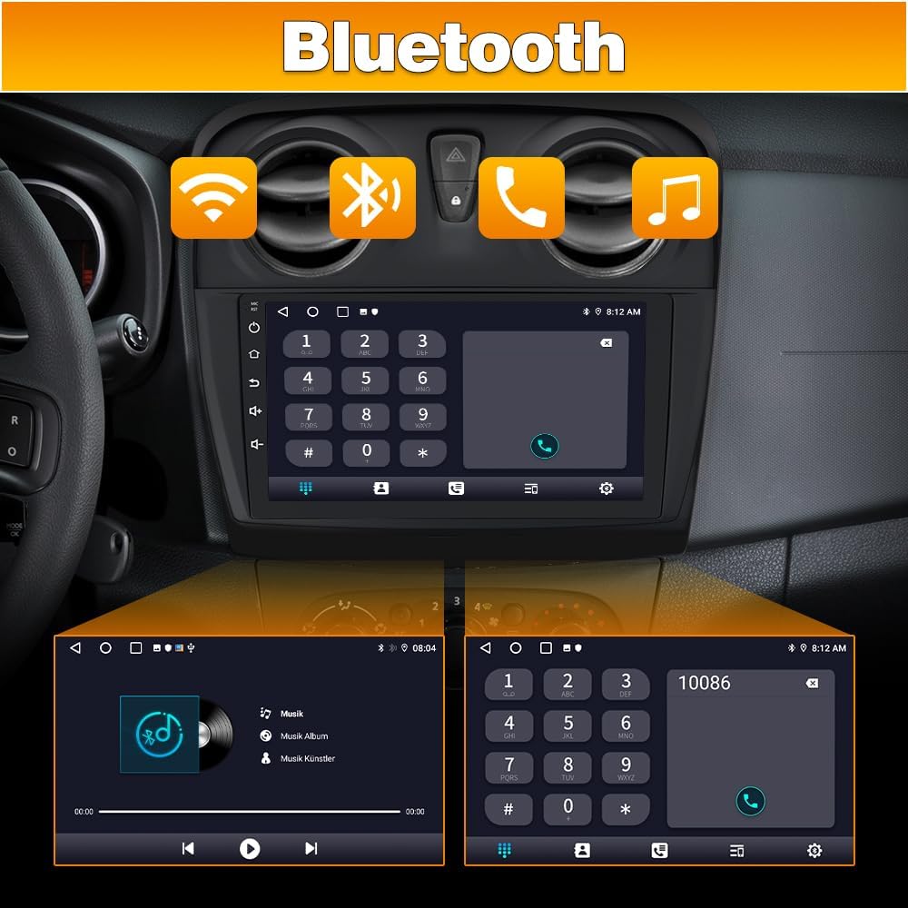 Screenshot of the AWESAFE car radio display showing the Bluetooth dial pad and music playback interface.