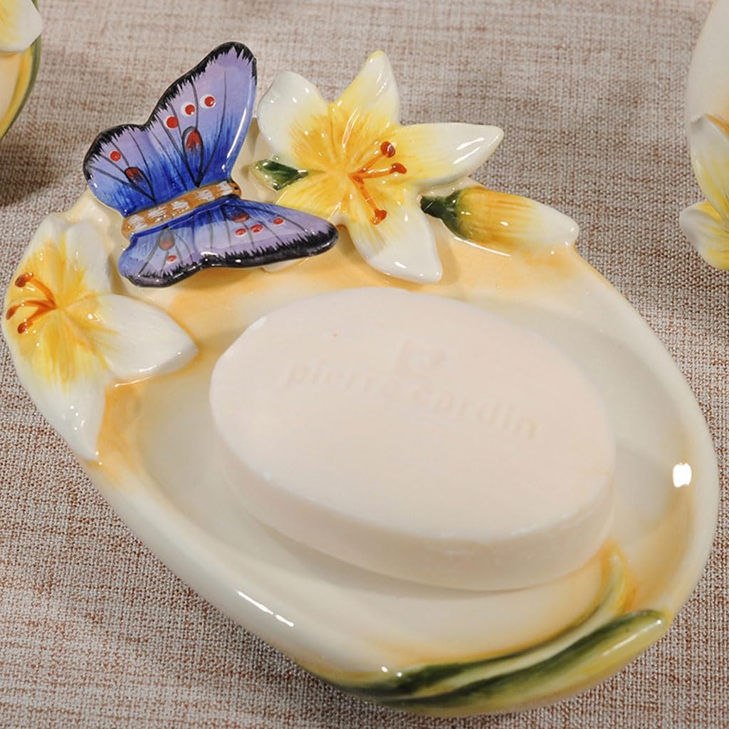 Set da bagno in ceramica con stampa a farfalla, 5 pezzi, dispenser di sapone, portaspazzolino, 2 bicchieri e portasapone Set da bagno