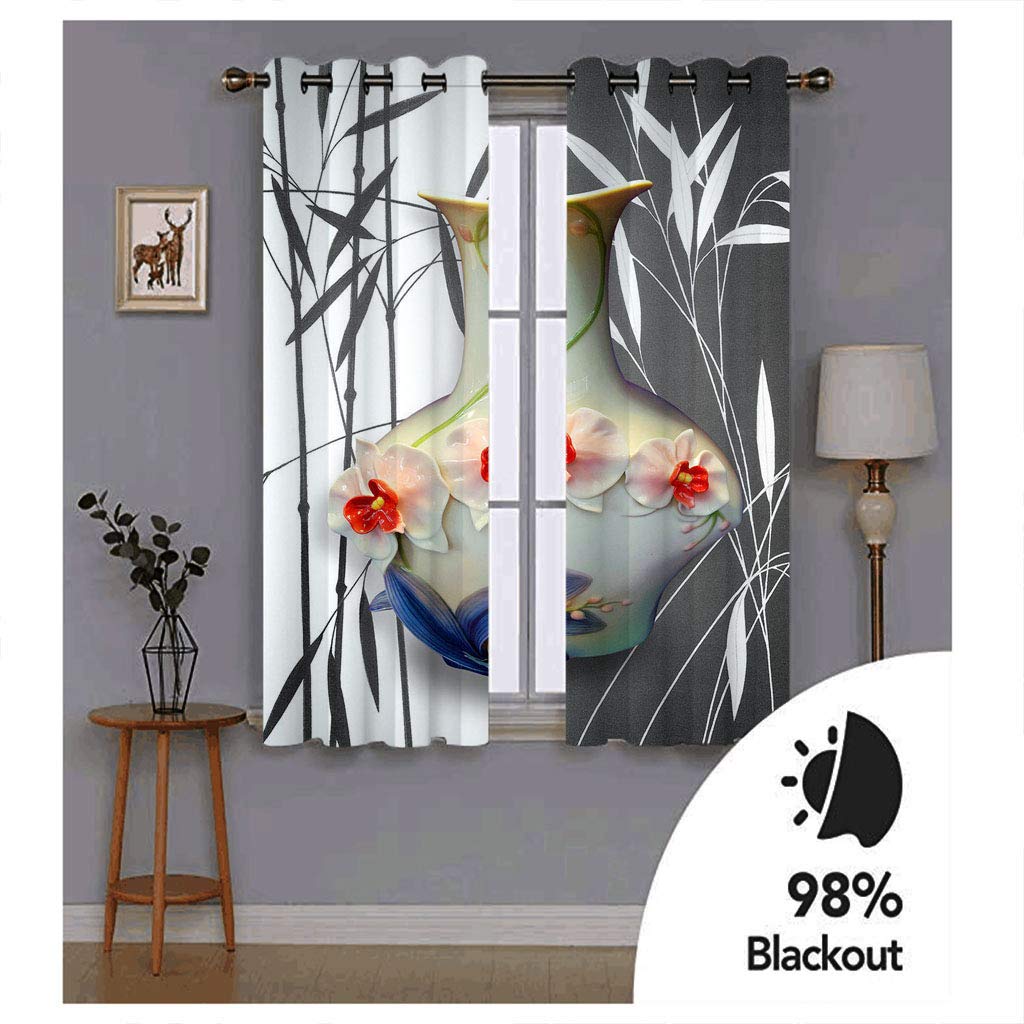Cortinas Niño Niña Habitacion Opacas Con Ojales 2 Piezas 3D Flores, Pájaros Y Bambú En Blanco Y Negro. Patrón 234X230Cm（An X Al）Cortinas Termicas Aislantes Frio Y Calor Salón Dormitorio Ventana Dec