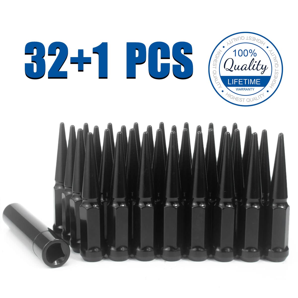 GAsupply 32 dadi per ruota da 14 x 1,5 con estremità chiusa, dadi a punta nera, sedile conico, altezza 11,2 cm, per ruote aftermarket e 1 chiave a bussola lunga