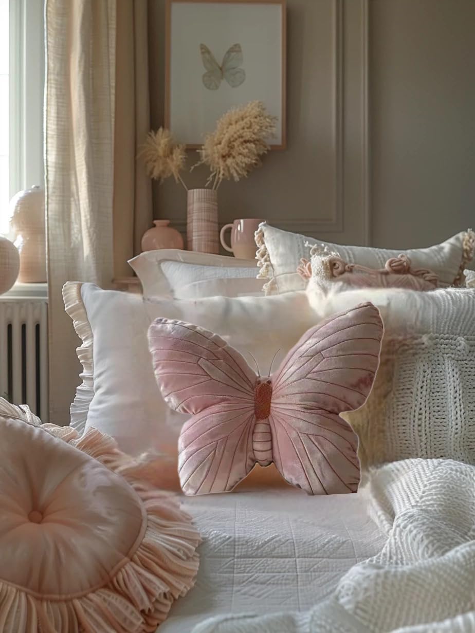 Butterfly Throw Pillow, Pink Butterfly-Shaped Glitter Velvet Stuffed Cushion Shiny Spring Decorative Animal Pillow for Couch Living Room Bed (11.8"x11.8")