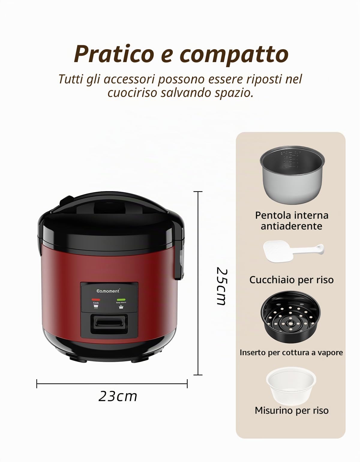 DRC-5020RD 1L|400W Cuociriso e Vaporiera per alimenti (1ltr-5 tazze) Cottura veloce senza bruciare Pentola con rivestimento antiaderente rimovibile, paletta per il riso e misurino