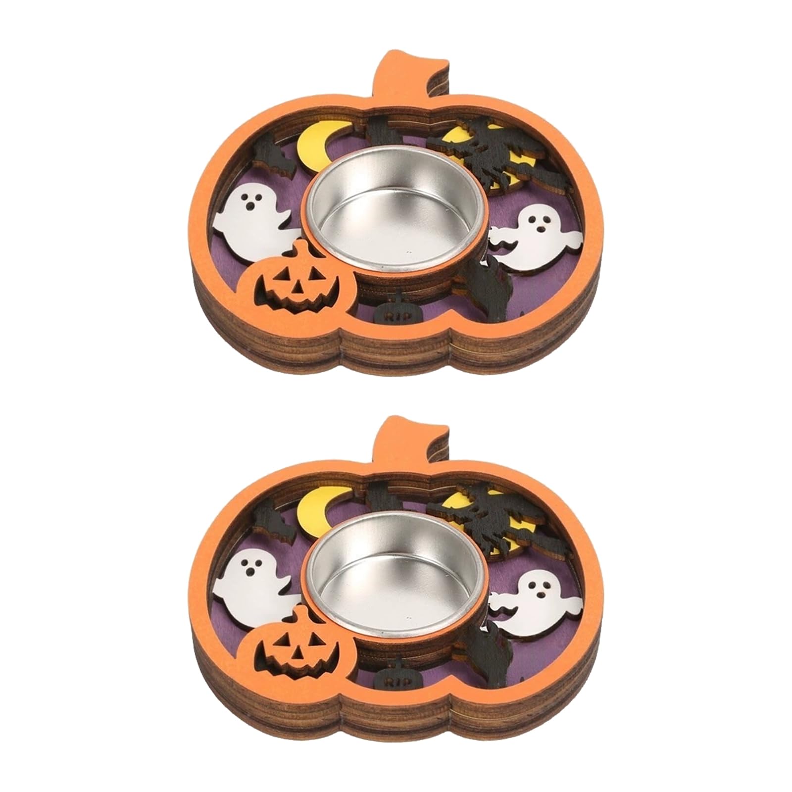 2 Pack Holders Halloween Themed Wooden Stands Natural Finish Decorative Table Decoration Tealight Stand