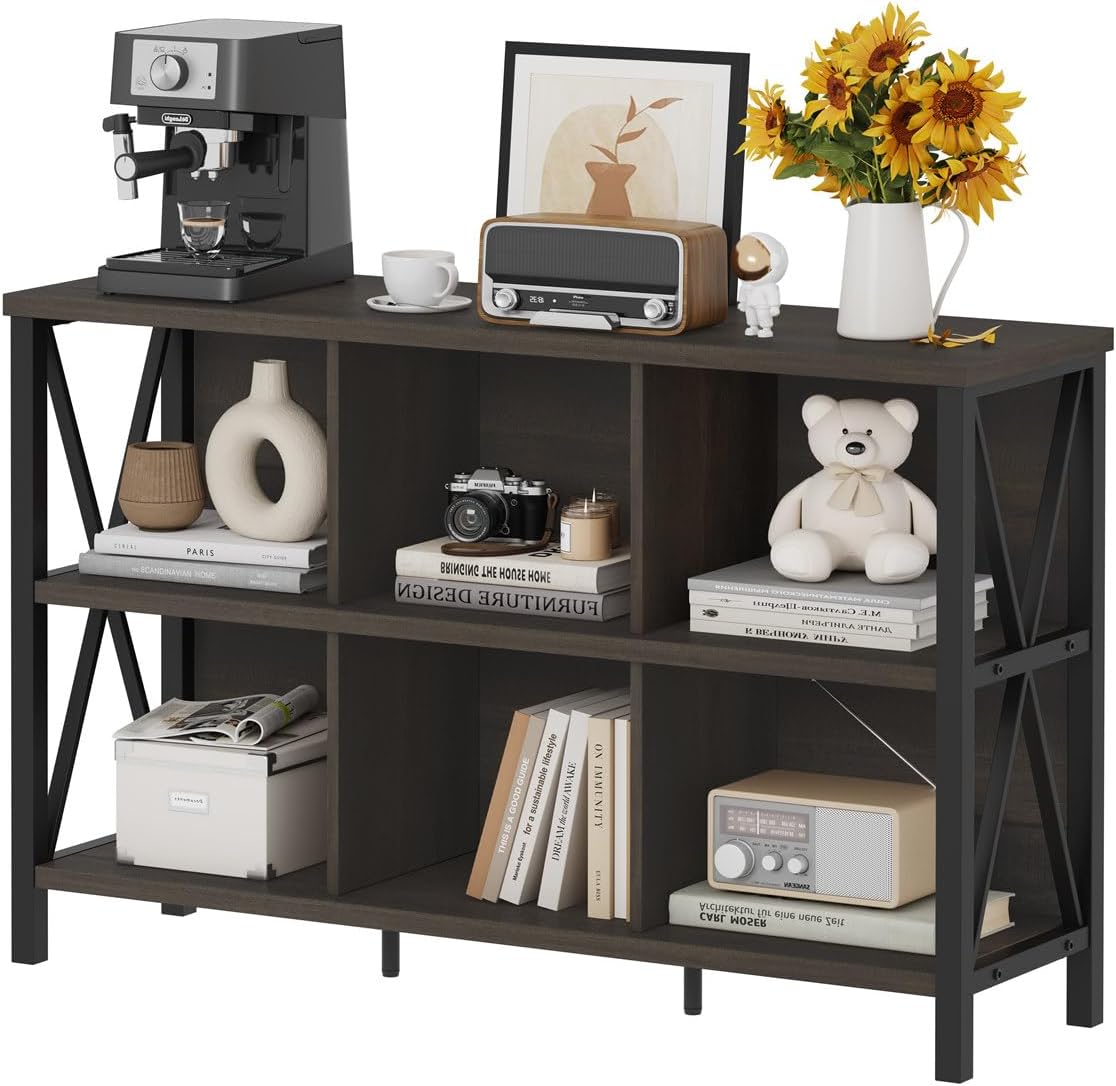 FATORRI Rustic 6 Cube Storage Organizer with Shelf, Wood and Metal Cubby Bookcase, Industrial Horizontal Bookshelf for Living Room, Office (Walnut Brown, 47 Inch)