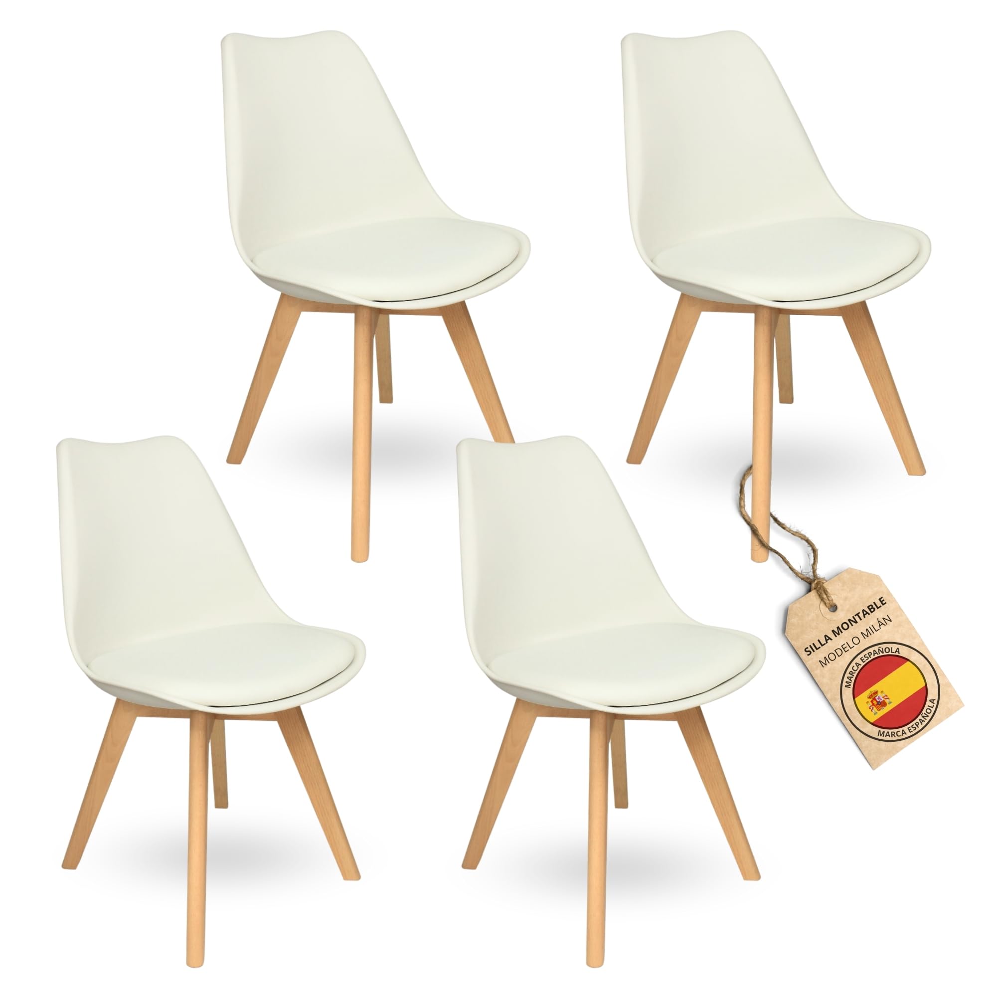 HOME DESIGN & CONFORT Sillas de Comedor Nórdicas con Respaldo Ergonómico | Sillas de Cocina con Madera de Haya Maciza con Tela Anti Manchas de Polipiel (4, Blanco)