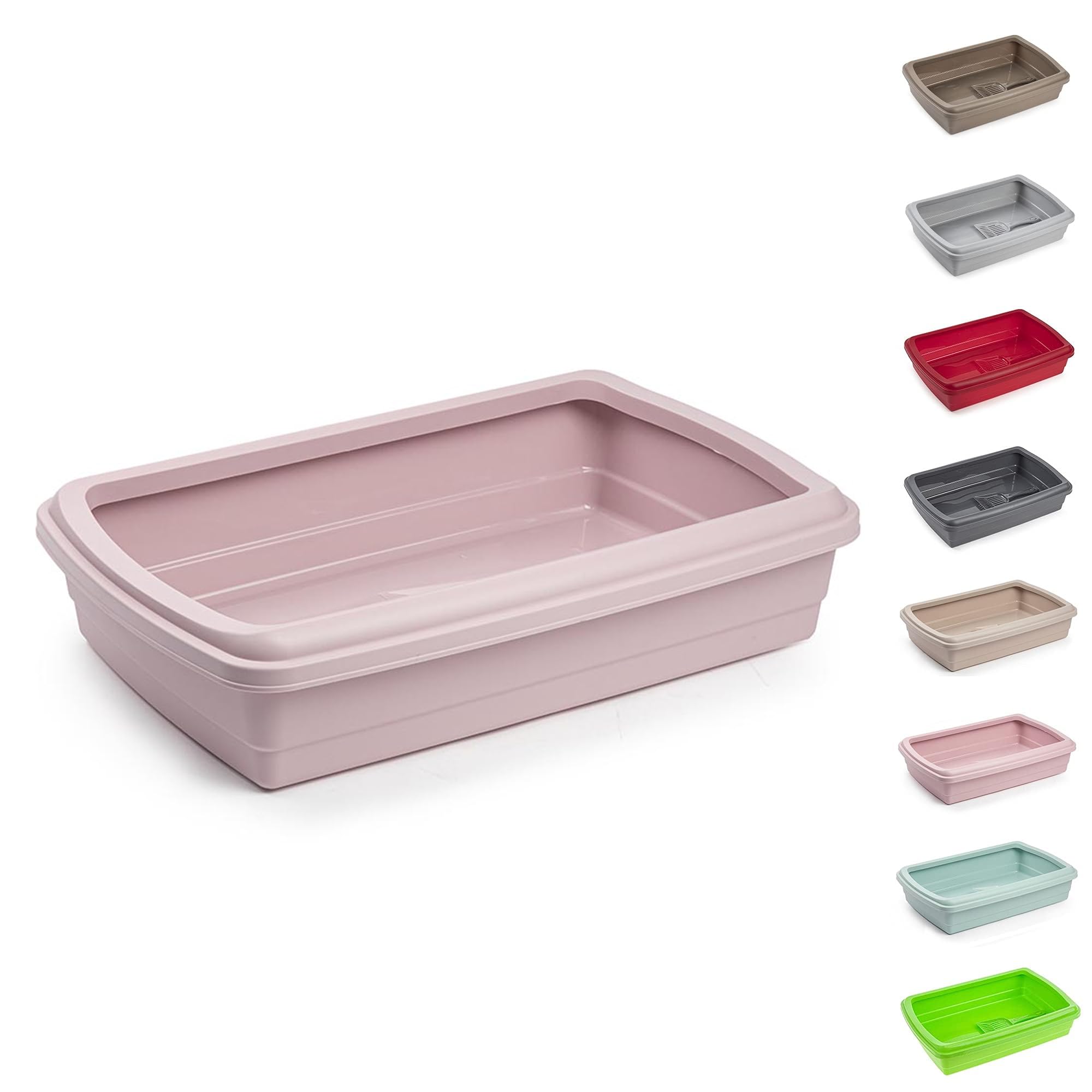 PLASTIFIC Large Cat Litter Tray or Set with Bowls + Scoop Open Plastic Box Toilet Rim (Pink)