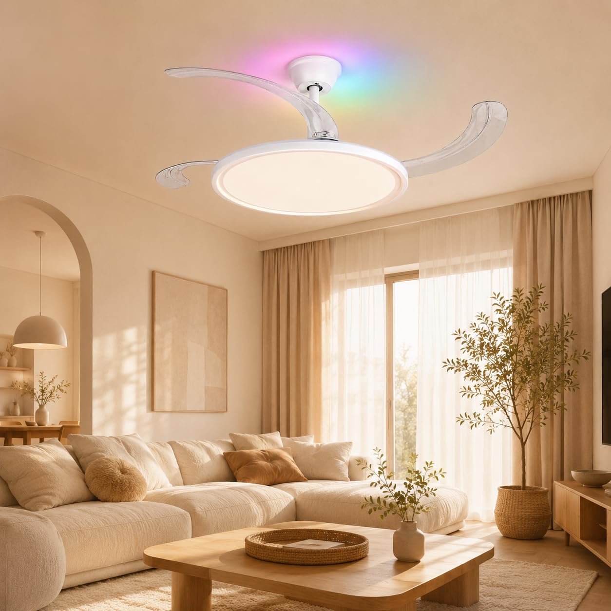 LED Deckenventilator mit Beleuchtung 50cm, Deckenlampe mit Ventilator RGB Hintergrundlicht, leiser Ventilator, APP & Fernbedienung, Sommer/Winter Modus für Schlafzimmer Wohnzimmer