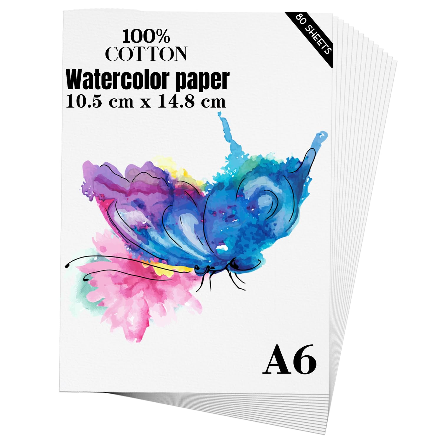 Watercolour Paper A6（10.5 cm×14.8 cm） 80 Sheets, Heavyweight 300GSM Cold Press Natural Cotton Paper for Students Artists Watercolor Drawing