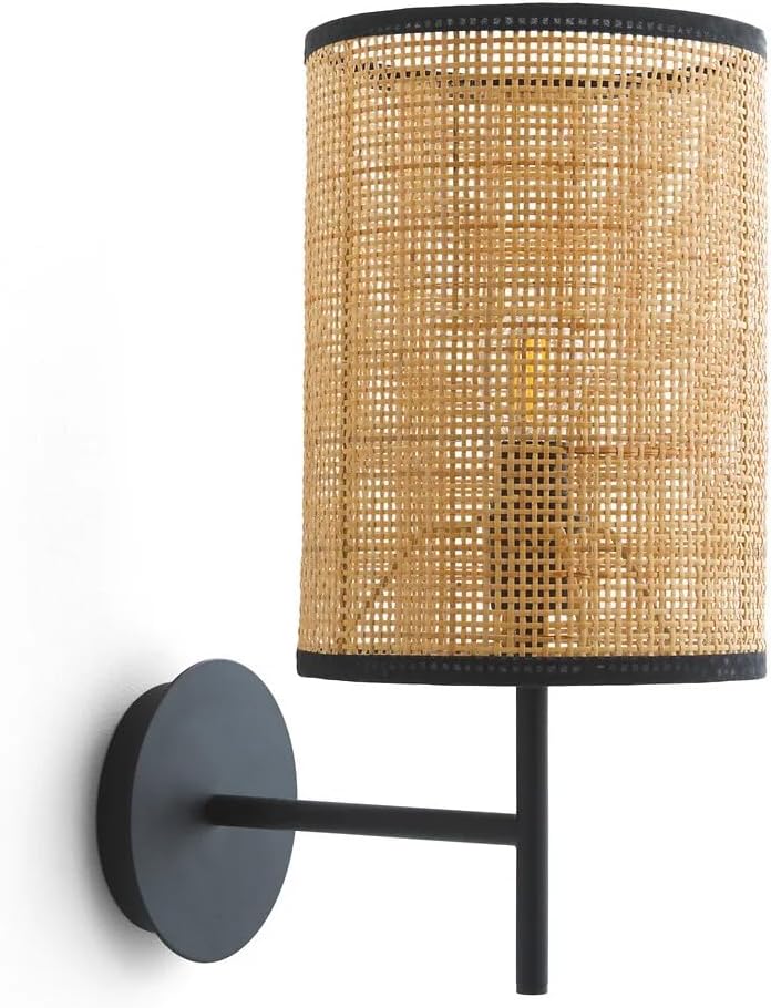 - AKWAY Rattan and Webbing Wall Lamps for Living Room | Bamboo Wall Lights for Bedroom | Wicker Wall scones for Home Decoration (Square Webbing)