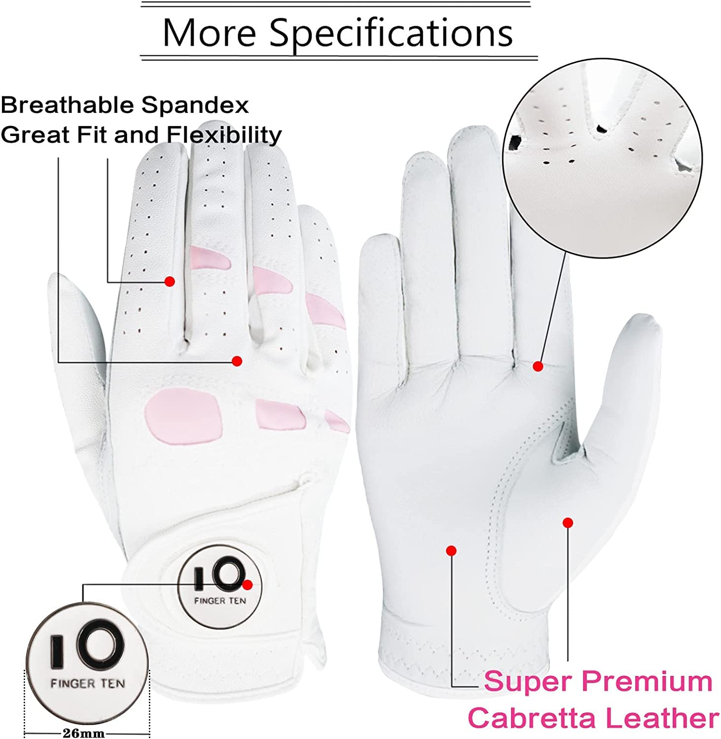 FINGER TEN Golf Gloves Ladies Left Hand Right Cabretta Leather with Ball Marker Value Pack - Image 2