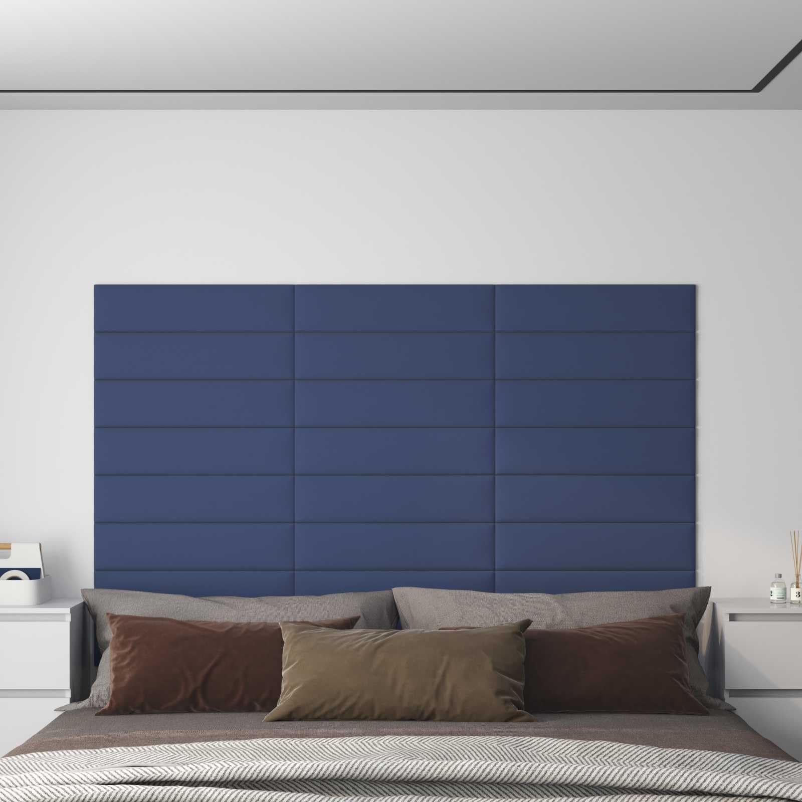 Juego de 12 cabezales de pared de tela azul de 60 x 15 cm para interiores, revestimiento moderno de pared con material de madera, aspecto rectangular, fácil montaje