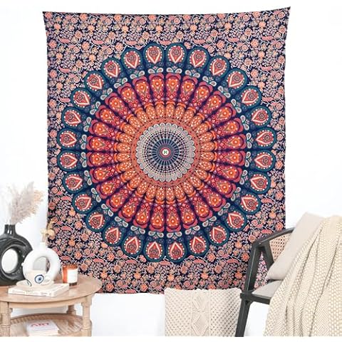 RAJRANG Golden Blue Peacock Mandala Tapestry Cover