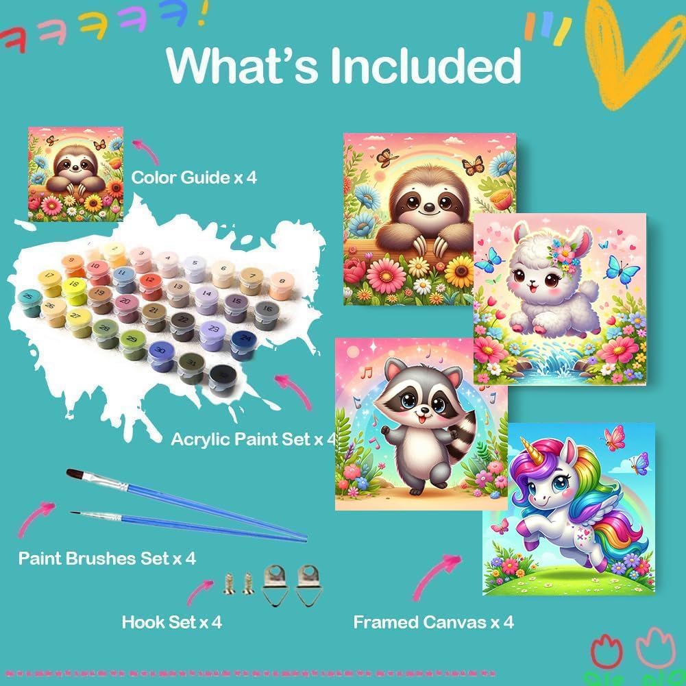 mrpwnle Framed 4 Pack Paint by Number for Kids-Animals Paint by Numbers Kits for Kids Ages 4-8-12,Easy Painting with Numbers for Child DIY Acrylic Oil Painting Kits for Home Wall Decor Gift 8x8in