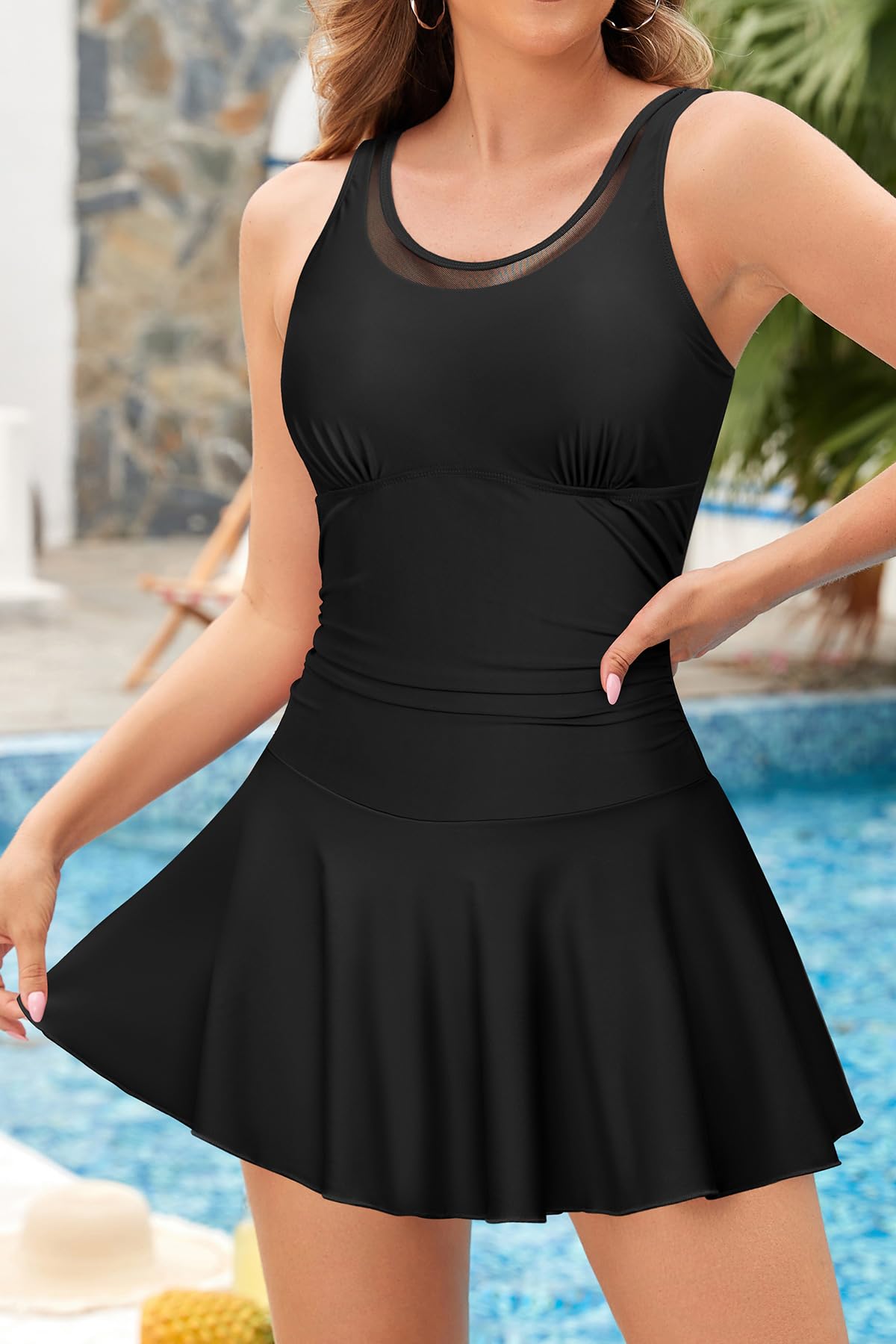 SHEKINI Mesdames Élégant Maillot De Bain Une Pièce Col Haut Robe De Natation Ruché avec Glissement Intérieur Chemin du Ventre Maillot De Bain Plissé Grande Taille Tankini