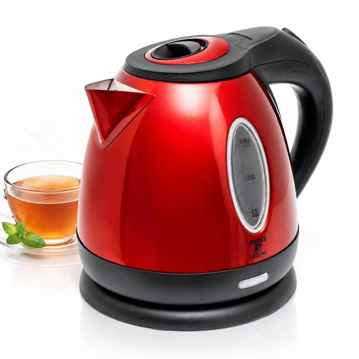 Moss & Stone Red Stainless Steel Electric Kettle, 1.2L Cordless 1500W