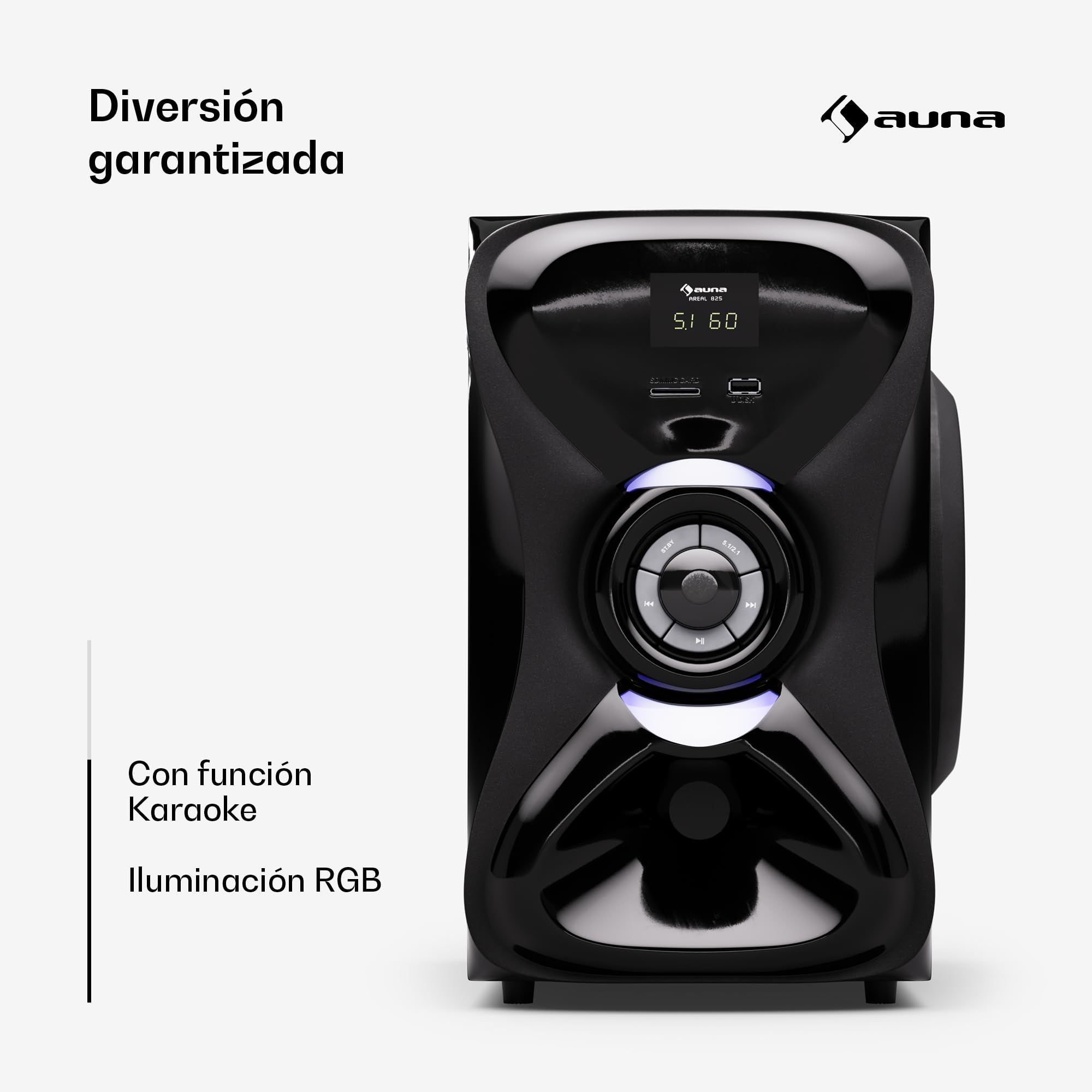 AUNA Areal 825 Sistema de Cine en Casa 5.1 Inalámbrico - Bluetooth, Subwoofer 100W, Iluminación RGB, Puertos USB/SD, Entrada AUX y Óptica, Altavoces con Mando a Distancia