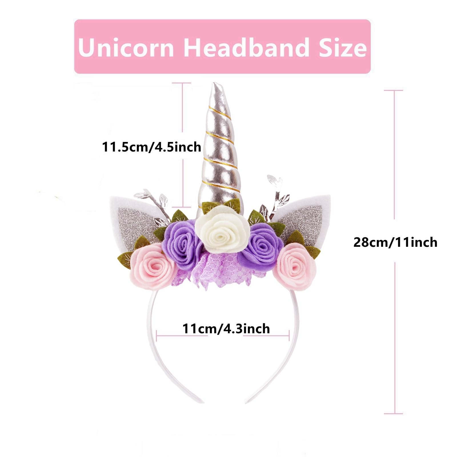 Nishine Unicorn Headband Nonwoven Flowers Cat Ears Pony Head Bands Tiara Glitter Horn for Cosplay Unicorn Party Supplies (Silver,ivory) - Image 4