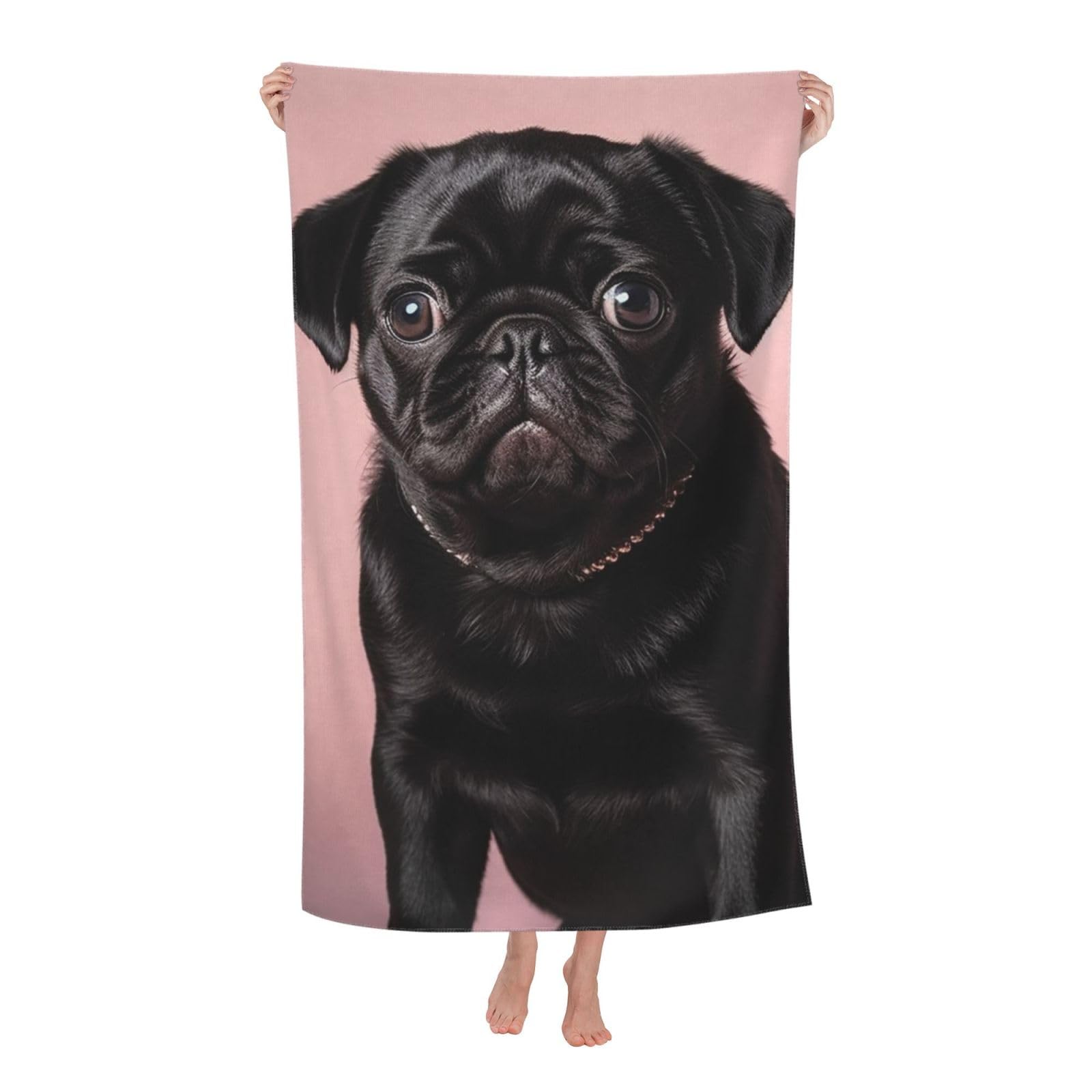FodPand Cute Black Pug Beach Towel Oversized 52 x 32 in Sand Free Pool Swim Towels for Adult Travel Blanket Lightweight Quick Dry Absorbent Bath Towels Cruise Vacation Accessories
