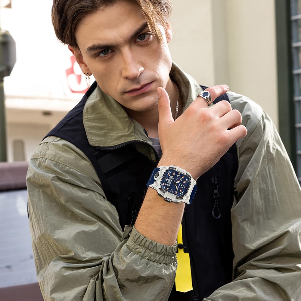 FANMIS Orologio sportivo da uomo, digitale, analogico, resistente all'acqua fino a 5 ATM, orologio da polso per esterni, multifunzione, orologio militare con display luminoso, conto alla rovescia