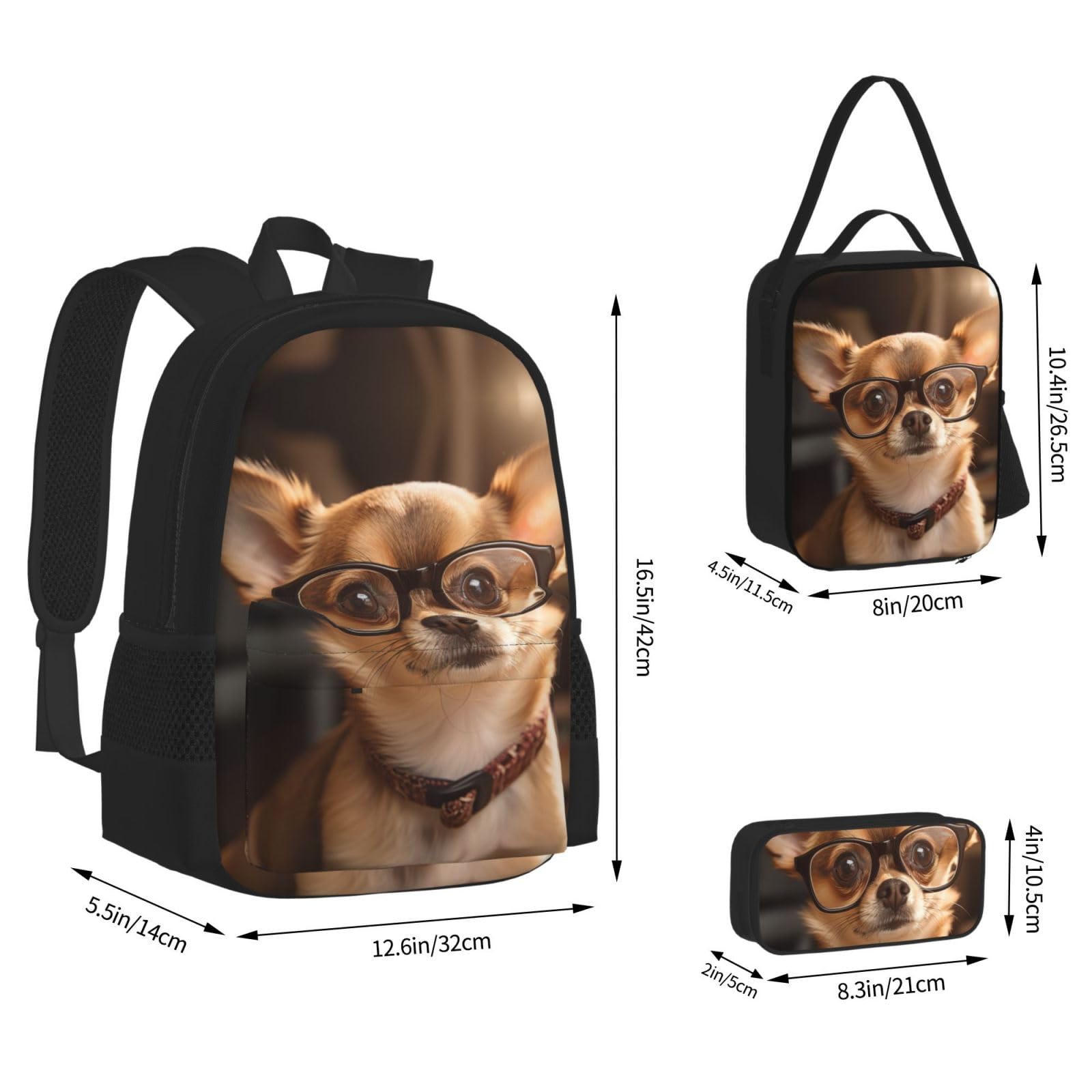 Chihuahua Dog Glasses Podwójna torba na ramię Combo z saszetką biodrową i piórnikiem, modne połączenie plecaka na co dzień