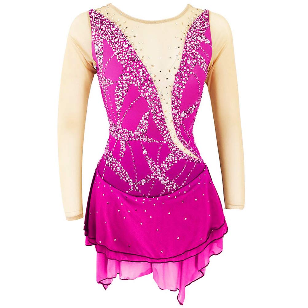 Vestido de leotardo de patinaje artístico para mujer, manga larga, malla elástica, hecho a mano, para competición, baile