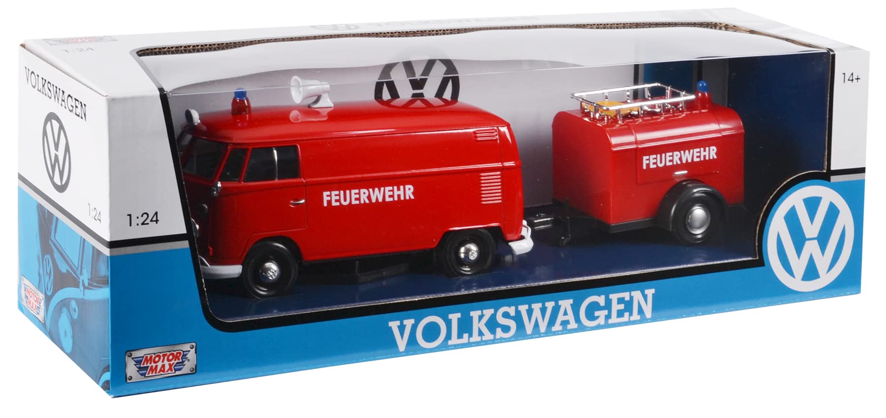 - Miniature van reproduced on a 1/24 scale compatible for VW Combi Type 2 T1 German Firefighter with trailer - Motormax 79671