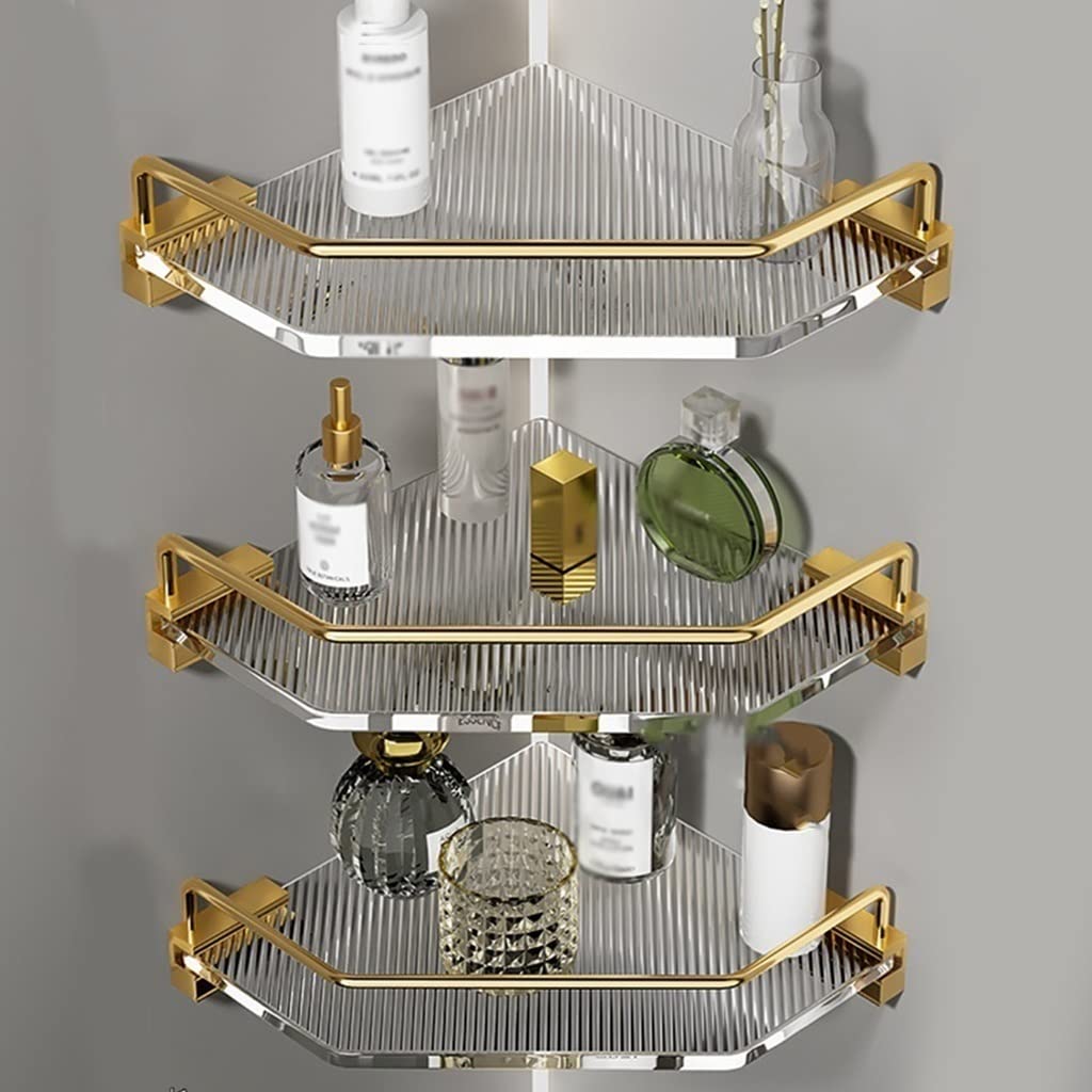 WDSOPK Acrylic Corner Shower, No Drilling, Large Capacity For Cosmetics & Shampoo, Wall Mount Kitchen For Condiment Bottles, Gold Color, 1 Piece,Oro-2 Layer (Oro 3 Layer)