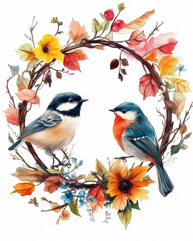Henypt 11Ct Pre Printed Cross Stitch Kits Birds in A Wreath for Adults Beginners, DIY Stamped Advanced Embroidery Sewing Starter Kit Needlework Set