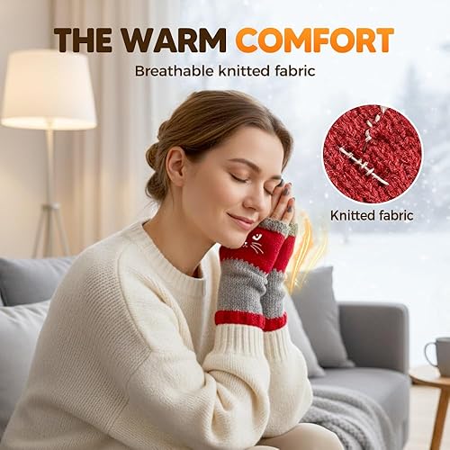 Miniatura 3 de Cat Embroidery Fingerless Gloves for Women, Warm Knitted Cat Gloves Splicing Design, Cute Womens Fingerless Glove